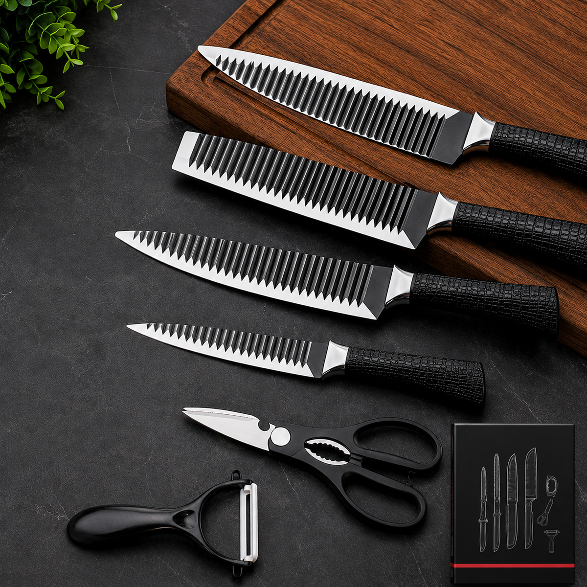 Set 6 Cuțite de Bucătărie din Oțel Inoxidabil, Lame Ondulate, Mânere Antiderapante + Accesorii