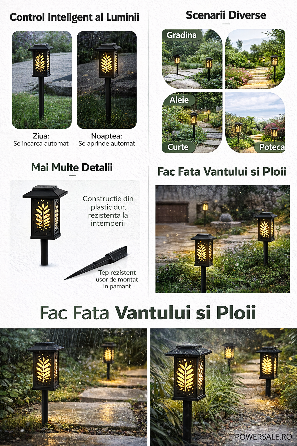 Set 6 Bucăți – Lampă Solară Decorativă pentru Grădină, Model Frunze, IP44, ABS Negru