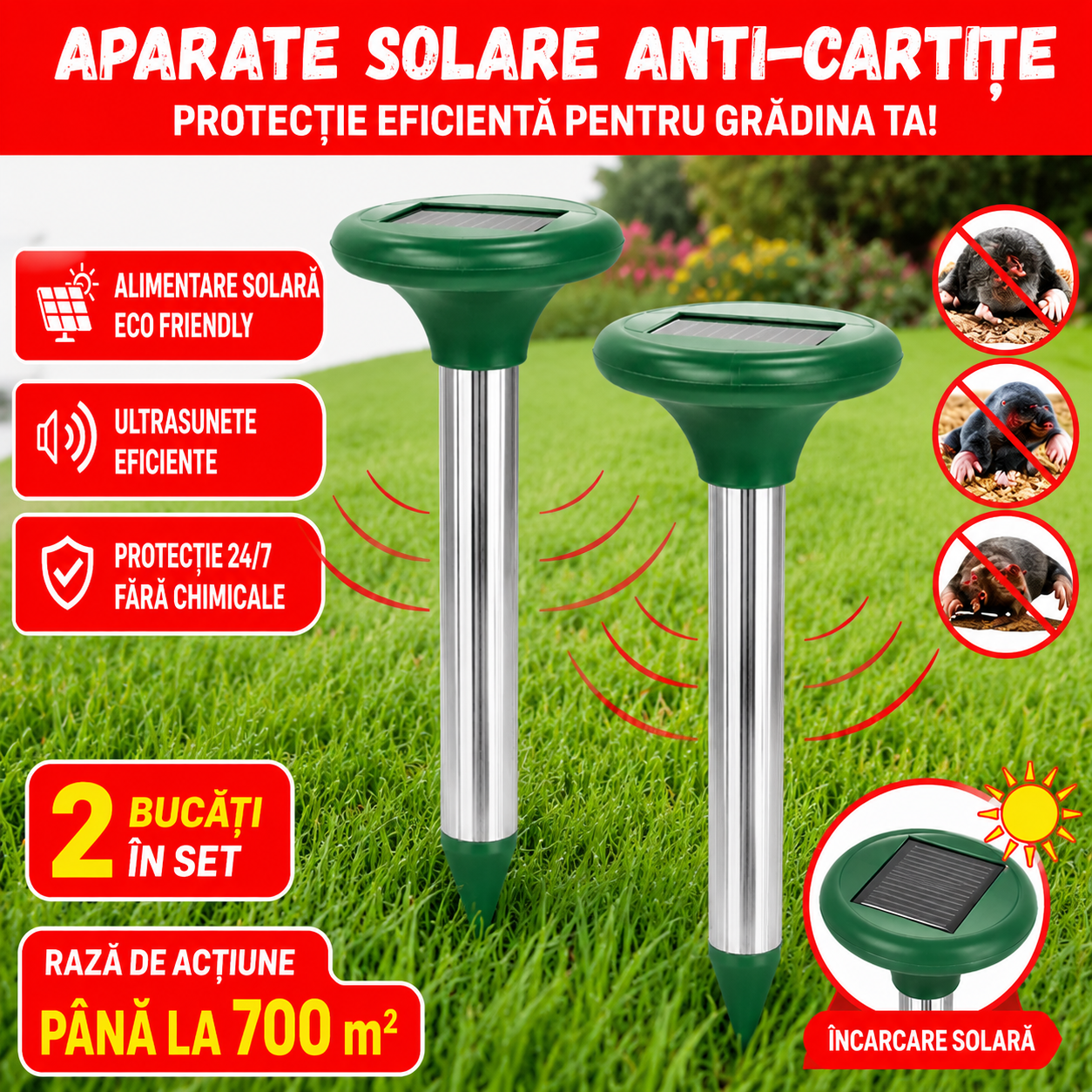 Set 2 Aparate Solare Anti-Cârtițe cu Ultrasunete – Protecție pentru Grădină până la 700 m²