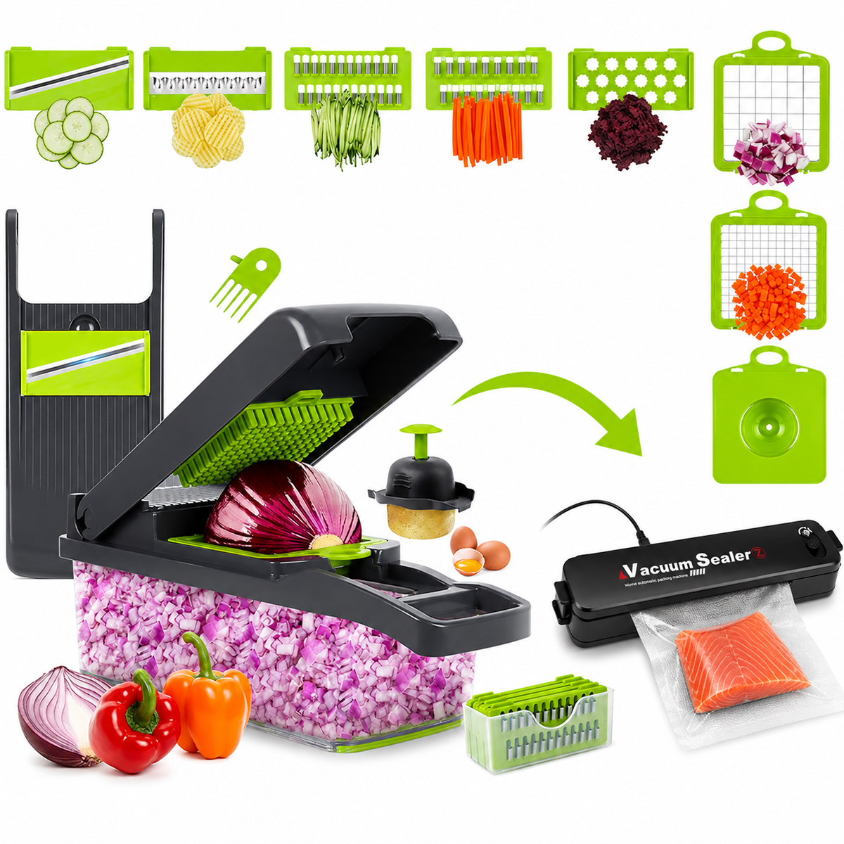 Razatoare Multifunctionala 15 Piese cu Lame Inox + Aparat de Vidat si Sigilat 90W