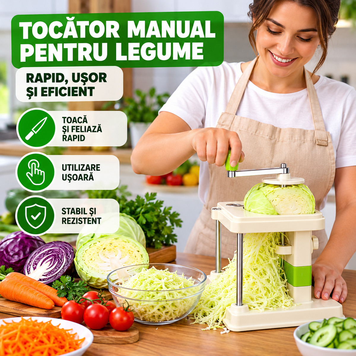 Tocător Manual pentru Varză și Legume, cu Manivelă, 25,5 × 23 × 23,5 cm, Crem-Verde