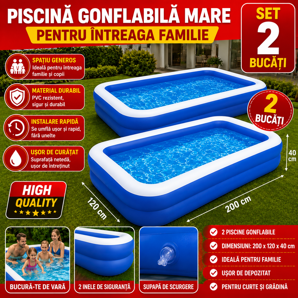 Set 2 x Piscina Gonflabila Mare pentru Familie, 200 x 120 x 40 cm, 2 Inele de Siguranta, PVC Rezistent, Albastru