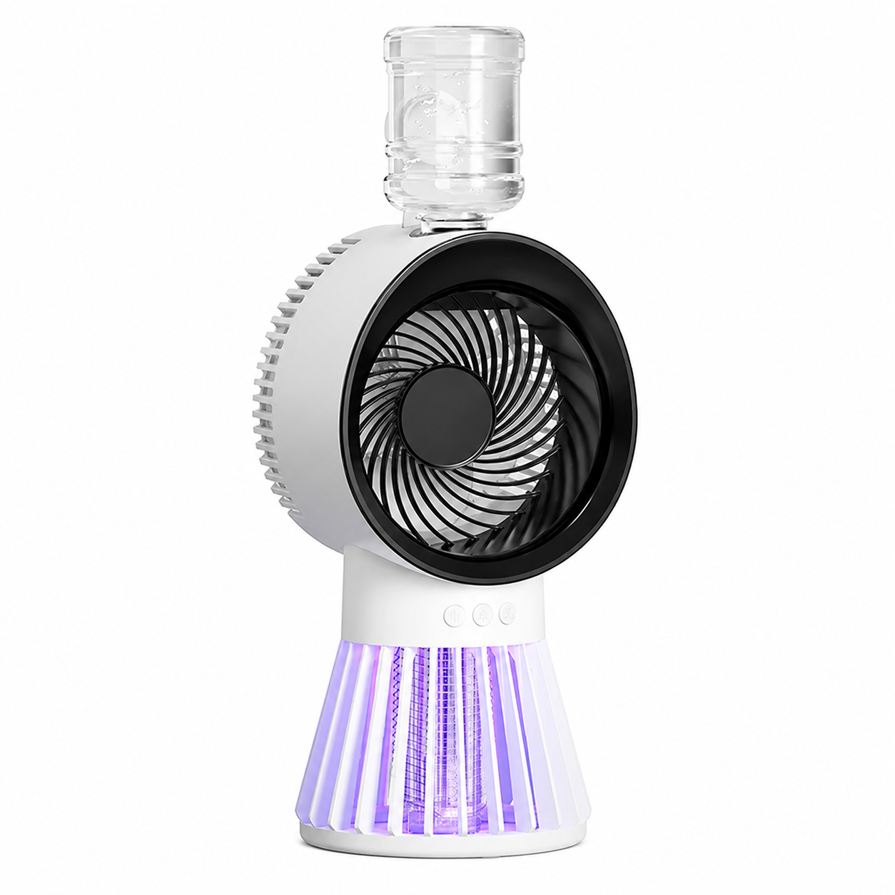 Ventilator 3 în 1 cu Pulverizare, Lampă Anti-Țânțari și Umidificator USB Reîncărcabil, 3 Trepte de Viteză