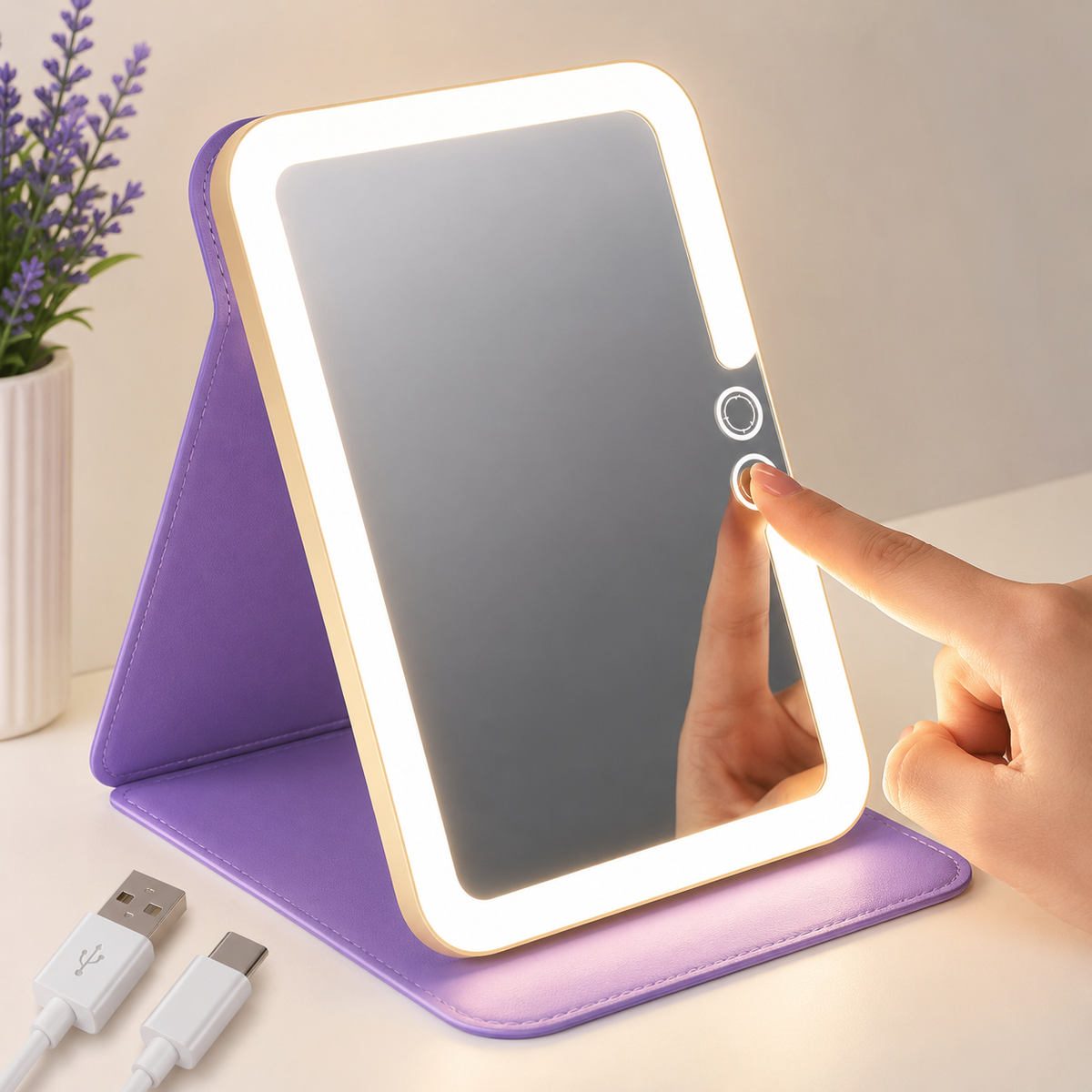 Oglindă Cosmetică LED Pliabilă – 3 Tipuri de Lumină, Control Tactil, USB