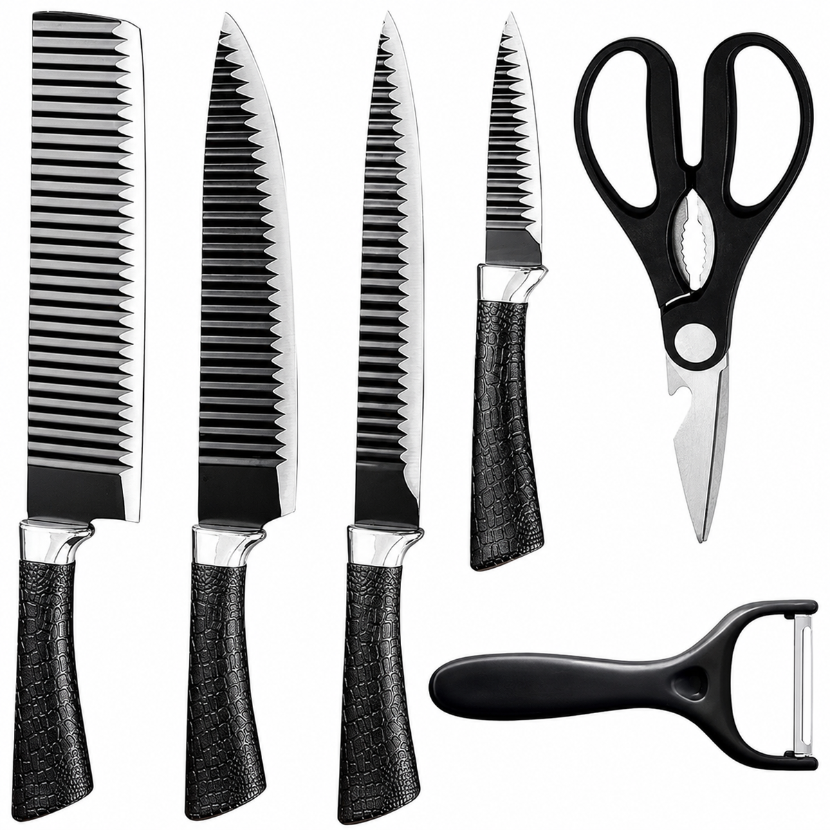Set 6 Cuțite de Bucătărie din Oțel Inoxidabil, Lame Ondulate, Mânere Antiderapante + Accesorii