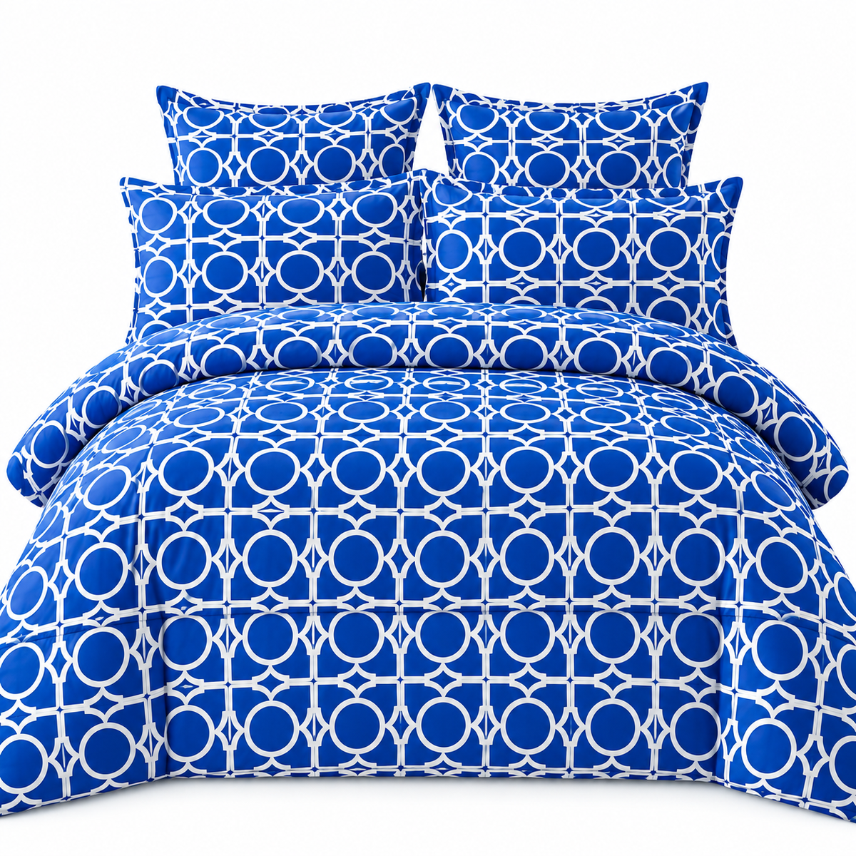 Lenjerie de Pat din Finet, 4 Piese, Albastru cu Model Geometric