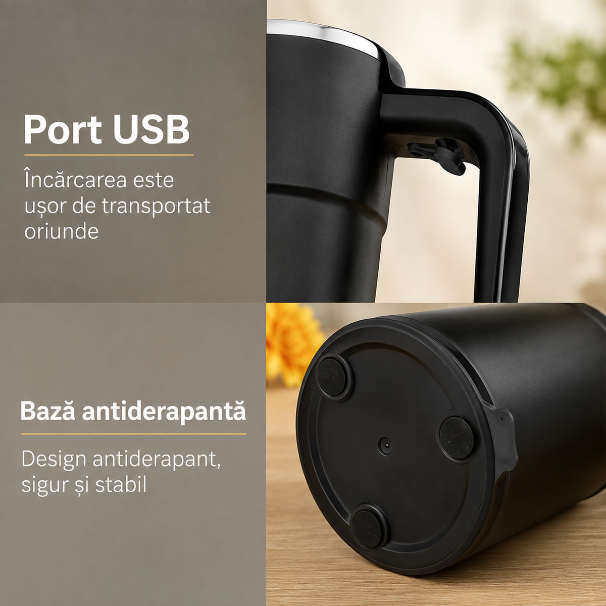 Cană Automată cu Amestecare Magnetică, Inox, Afișaj Temperatură, USB Type-C