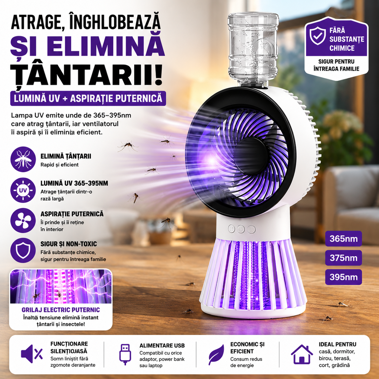 Ventilator 3 în 1 cu Pulverizare, Lampă Anti-Țânțari și Umidificator USB Reîncărcabil, 3 Trepte de Viteză