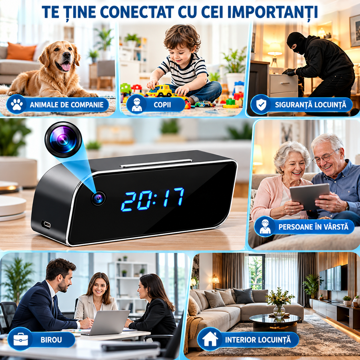 Ceas Digital cu Cameră de Supraveghere WiFi, Full HD 1080P, Viziune Nocturnă, Detecție Mișcare, Microfon, Negru