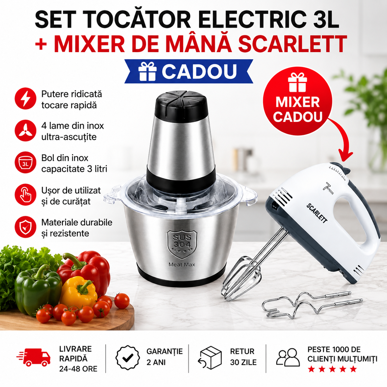 Set Tocător Electric Multifuncțional 3L + Mixer de Mână Scarlett CADOU