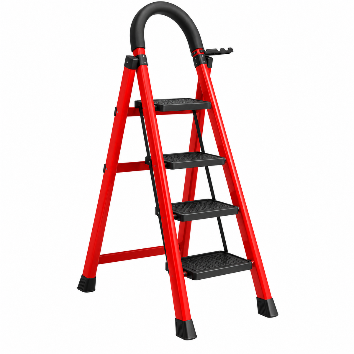 Scară Metalică Pliabilă cu 4 Trepte Antiderapante, Mâner Ergonomic, Roșu-Negru