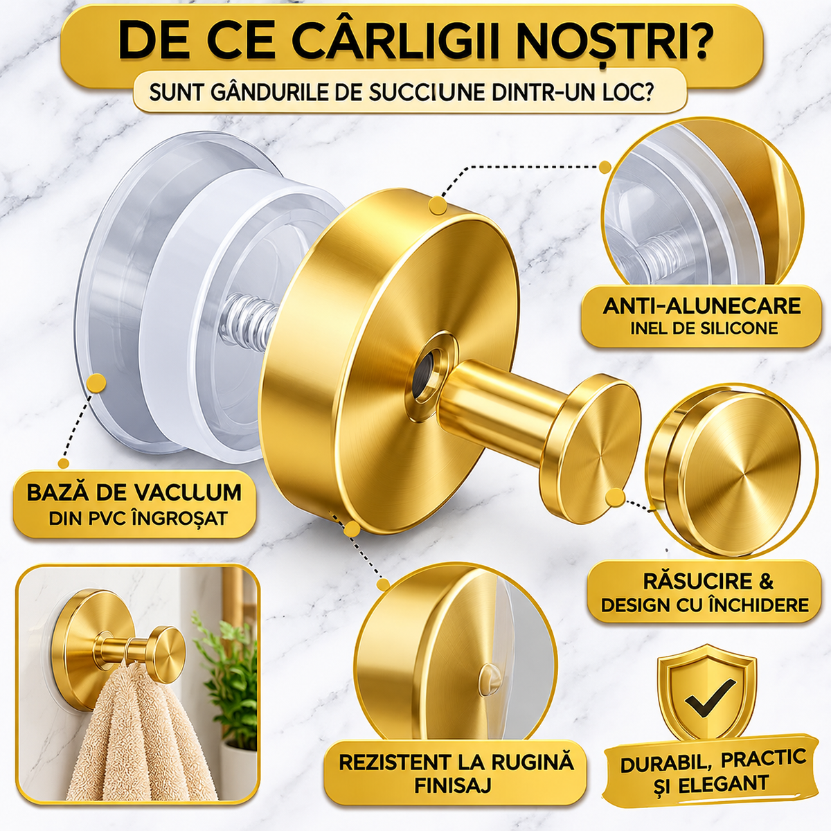 Set 2 Cârlige Aurii cu Ventuză, Fără Găurire, Rezistente la Apă, pentru Baie și Bucătărie