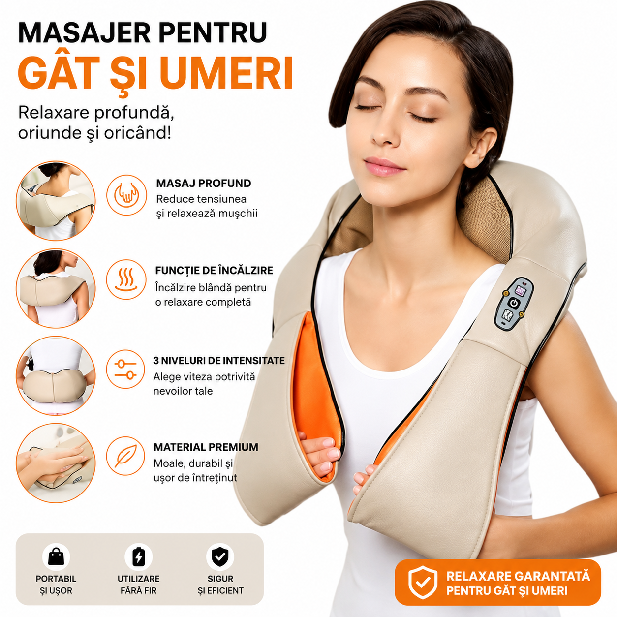Aparat Profesional de Masaj pentru Gât și Umeri cu Încălzire, 8 Capete Shiatsu, 3 Intensități, Adaptor Auto și Priză Inclus, Bej