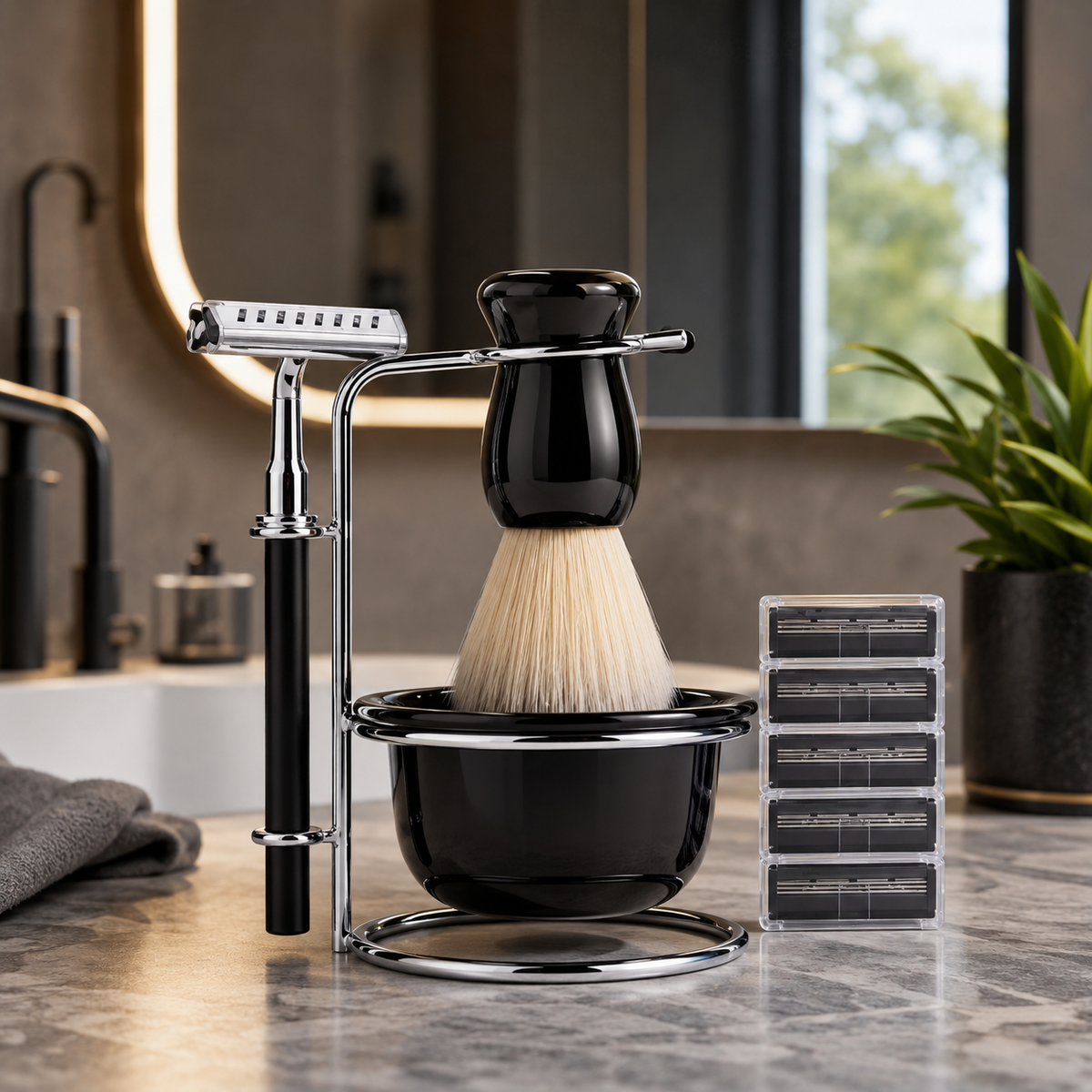 Set Bărbierit cu Perie, Suport Inox și Bol pentru Spumă – 4 Piese
