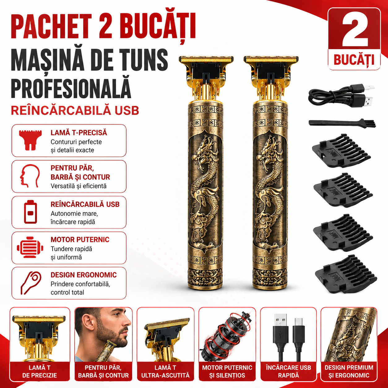 Pachet 2 bucati Masina de tuns profesionala, reincarcabila USB, lama T precisa, pentru par, barba si contur