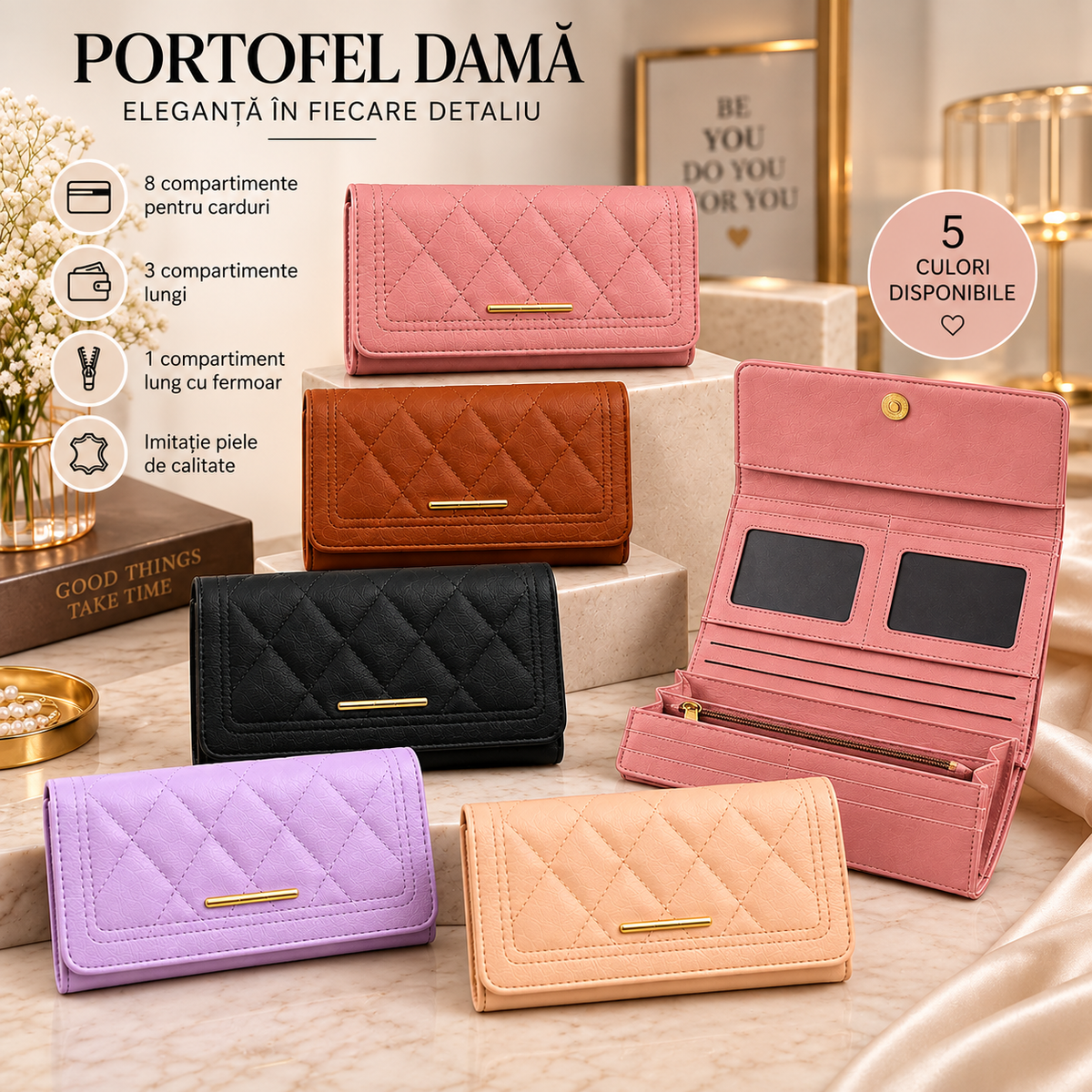 Portofel Damă Mare 20 × 10 cm – 5 culori, 8 Compartimente pentru Carduri, Portofel Elegant și Practic