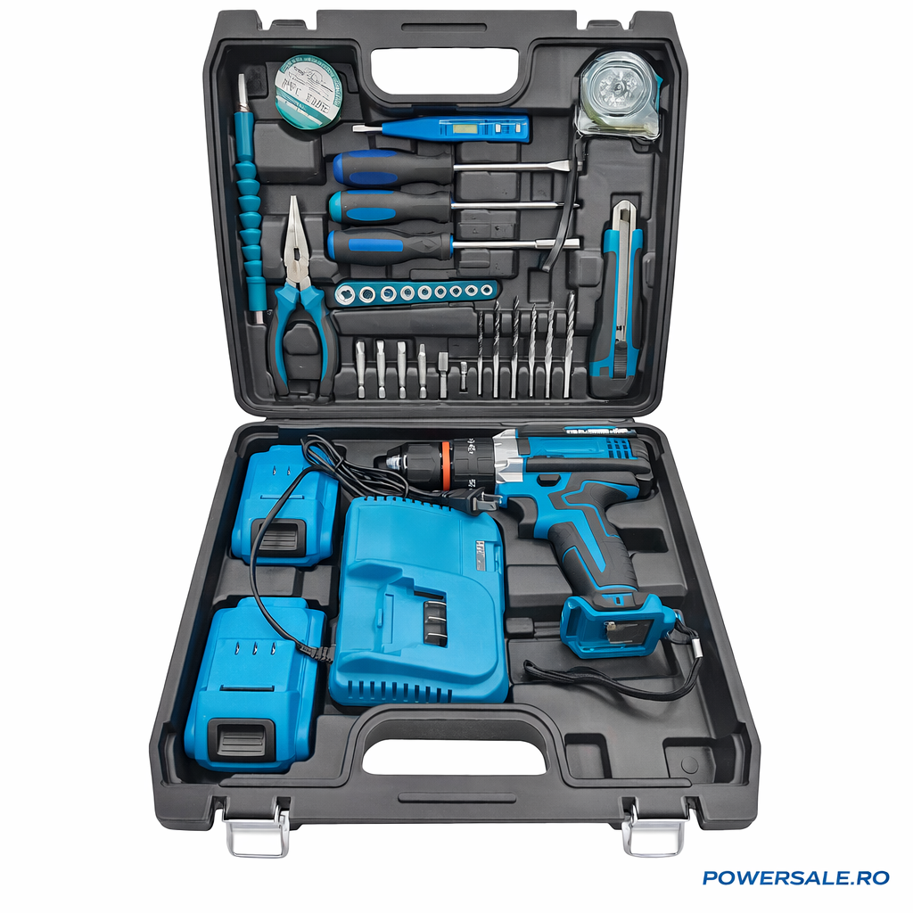 Set Bormașină Electrică cu Acumulator 48V, 2 Baterii, Accesorii și Valiză Profesională
