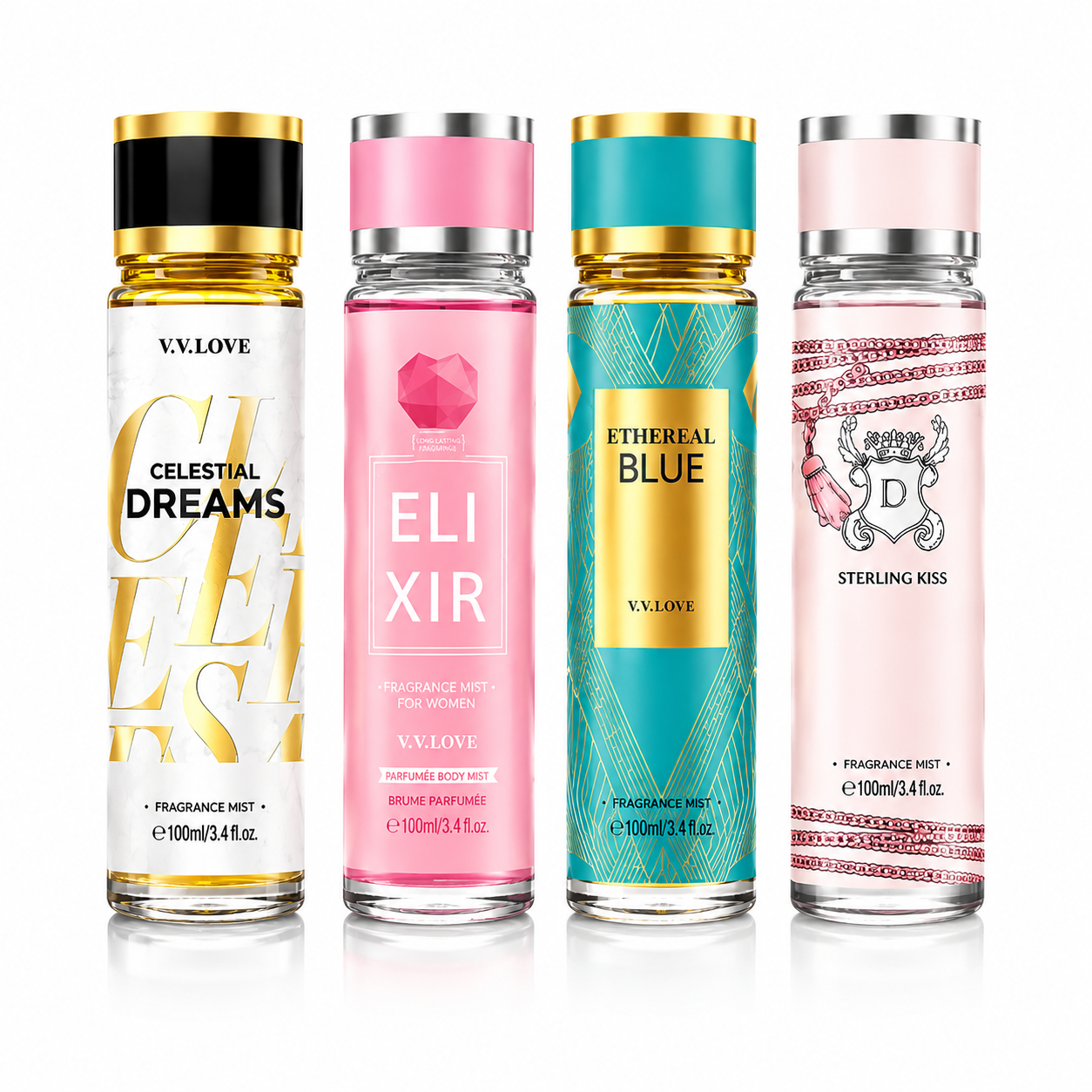 Set 4 Sprayuri de Corp Parfumate V.V. LOVE pentru Femei – 100 ml fiecare | Arome Feminine și Persistente