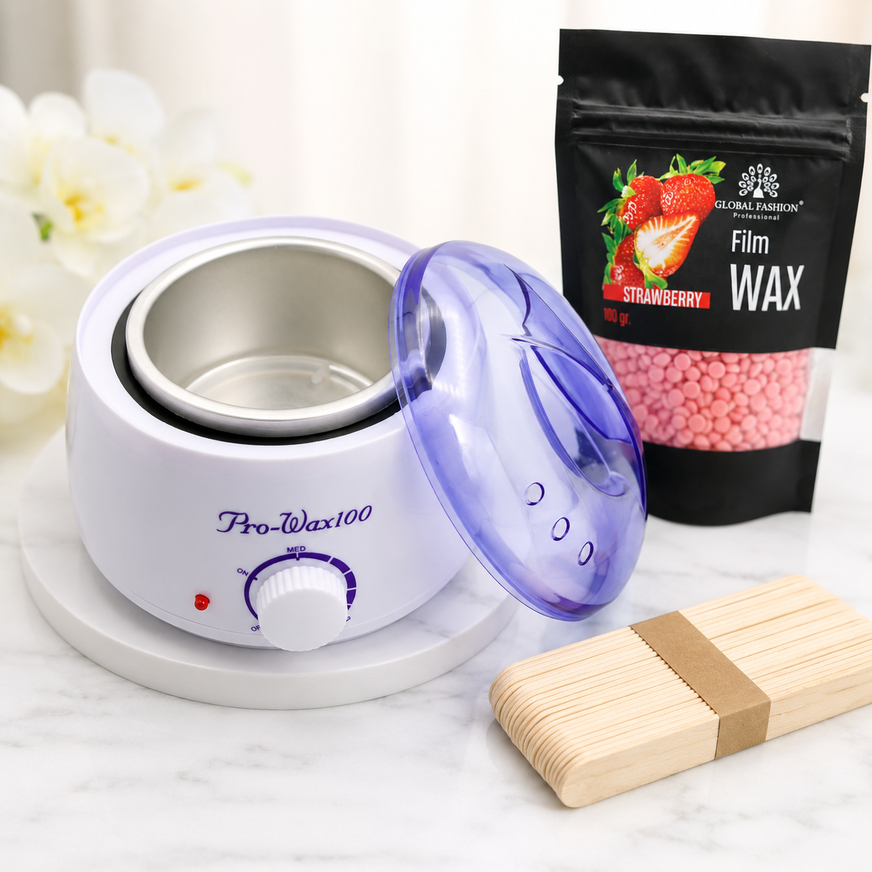 Set Epilare Profesional Pro Wax 100 + Ceară Film Wax Căpșuni 100g + 100 Spatule din Lemn | Kit Complet Epilare Acasă & Salon
