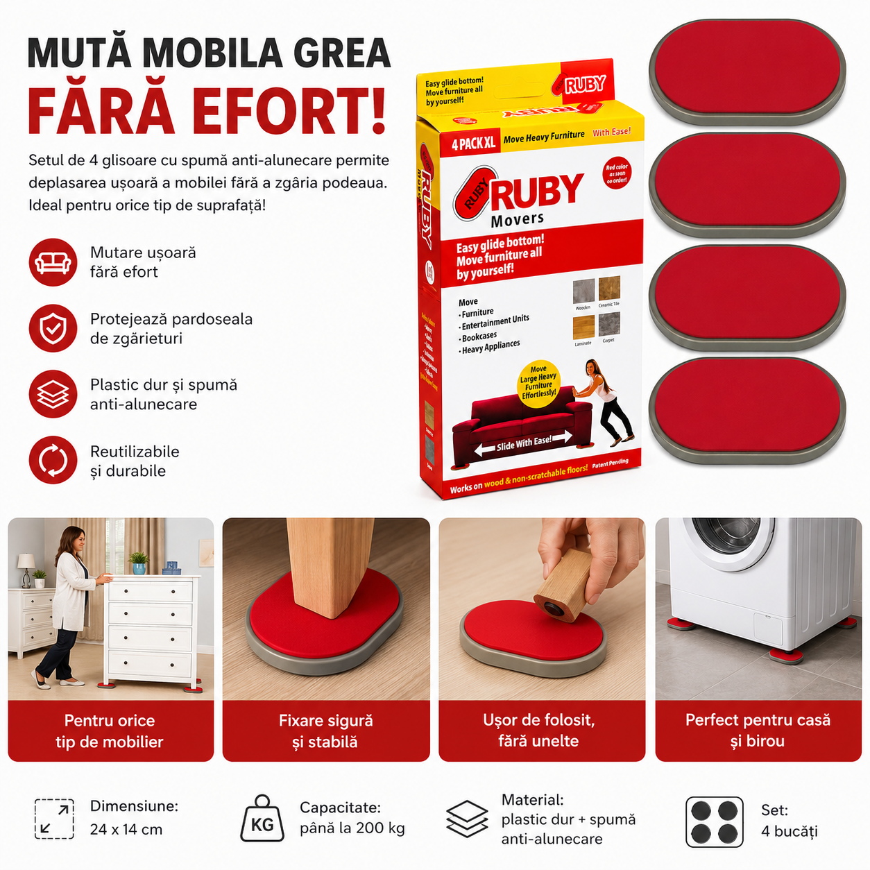 Set 4 Glisoare pentru Mutarea Mobilei – Plastic Dur și Spumă Anti-alunecare, Mutare Ușoară fără Zgârieturi