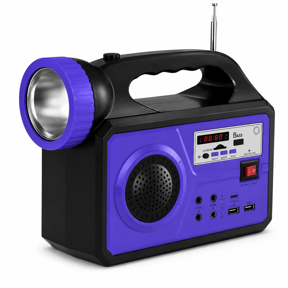 Kit Solar Portabil JORTAN T08 cu 3 Becuri LED, Panou Solar, Radio FM, Bluetooth si Powerbank 25000mAh – Sistem Iluminare Camping si Urgente