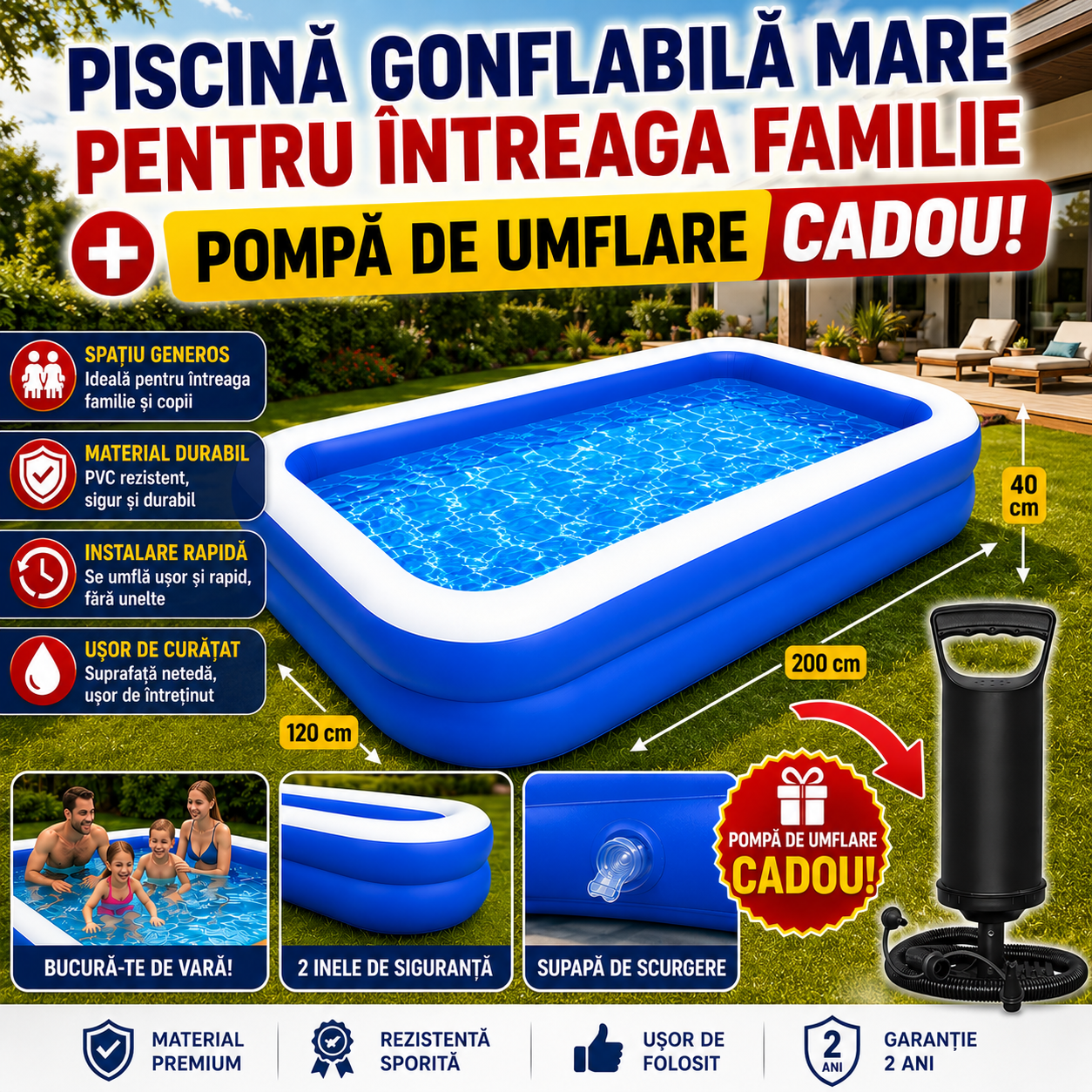 Piscină Gonflabilă Mare pentru Familie 200 x 120 x 40 cm + Pompă de Umflare CADOU | PVC Rezistent, 2 Inele de Siguranță