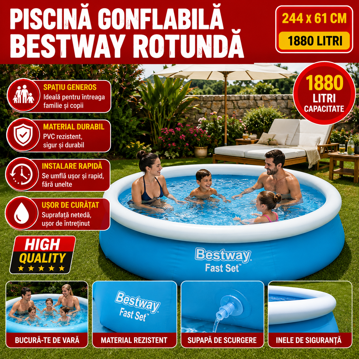 Piscina Gonflabila Bestway Fast Set Rotunda 244 x 61 cm, Capacitate 1880 Litri, Montaj Rapid, Albastra