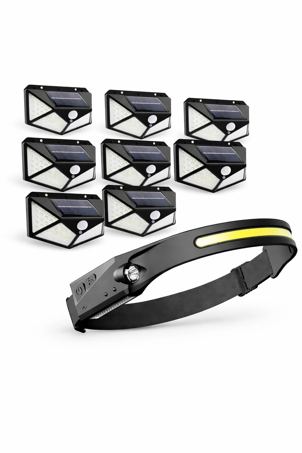 Set 8 Lampi solare 100 LED, cu senzor de miscare + Lanterna de cap cadou