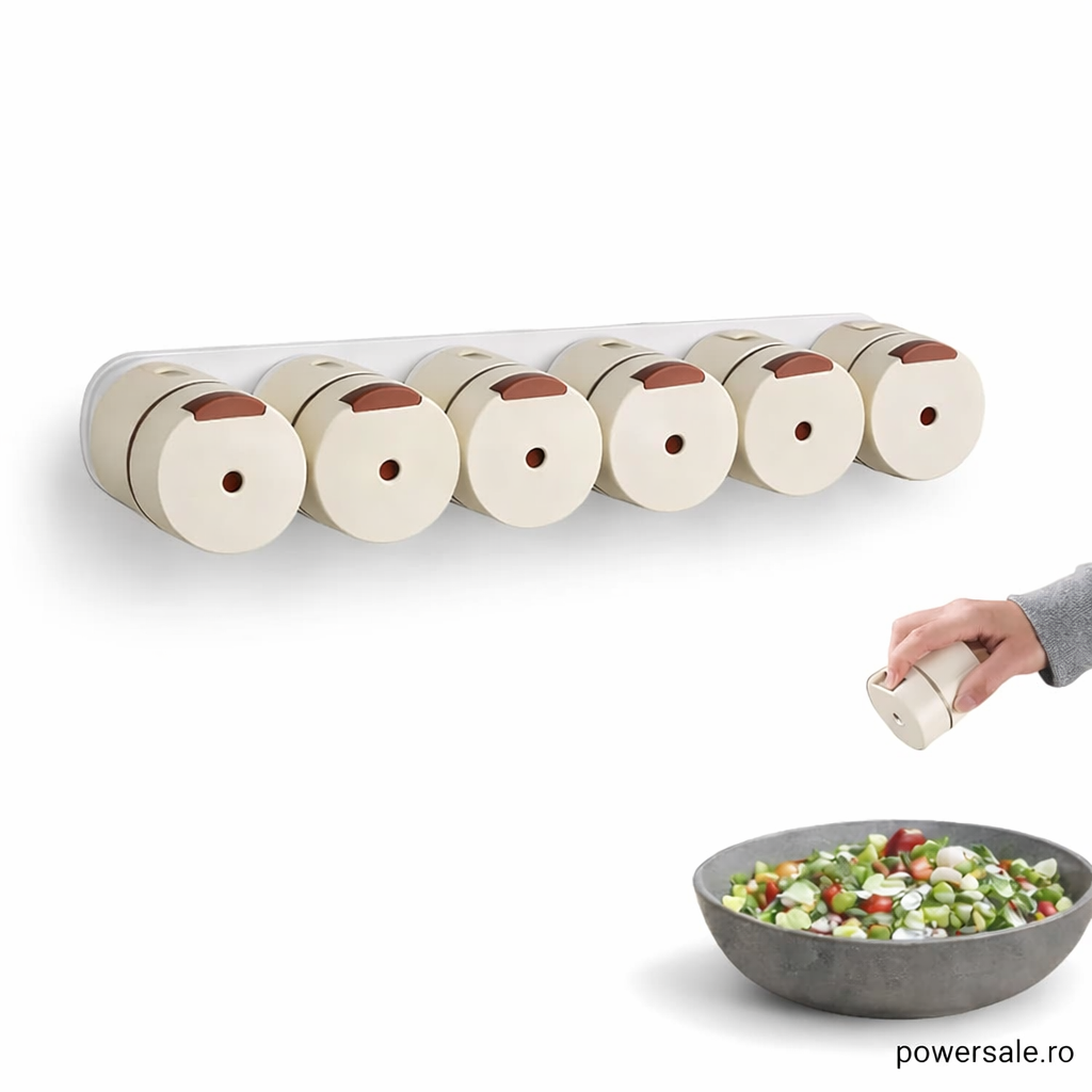 Recipiente Condimente cu Dozare Precisă – Organizator Bucătărie Montare pe Perete, Sistem Modern pentru Sare și Condimente