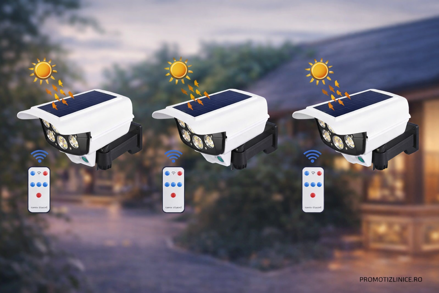 Set 3x Cameră falsă solară cu panou solar + 77 LED + senzor de mișcare – design realist, ideal exterior