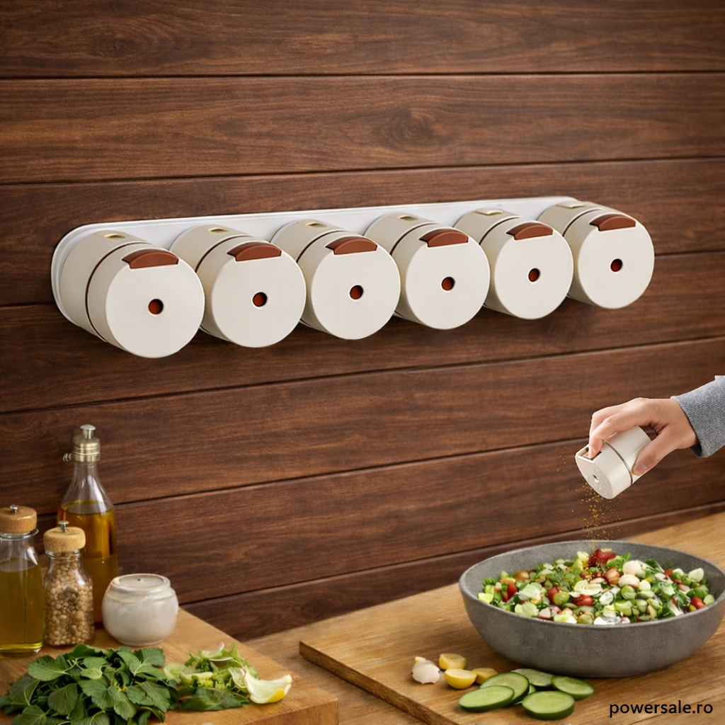 Recipiente Condimente cu Dozare Precisă – Organizator Bucătărie Montare pe Perete, Sistem Modern pentru Sare și Condimente