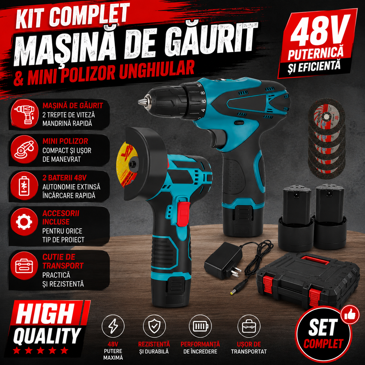 Set portabil 2 în 1: Mașină de găurit de 48 V și polizor unghiular de 10.000 RPM cu baterii, discuri de tăiere și accesorii