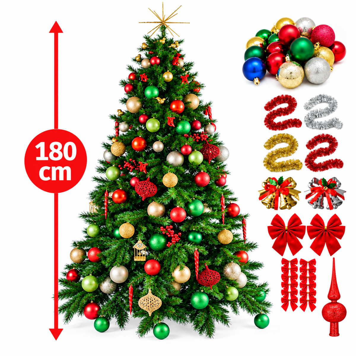 Pachet Complet de Crăciun – Brad Artificial 180 cm cu 380 Ramuri, Globuri Multicolore, Beteală, Fundițe și Ornamente Decorative