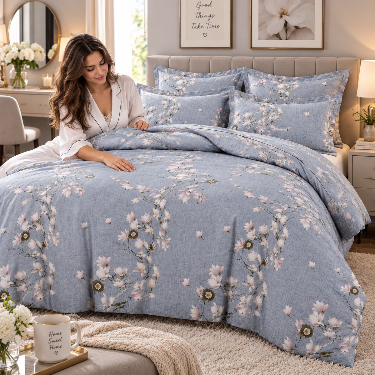 Lenjerie de Pat din Finet, 4 Piese, Model Floral, Gri