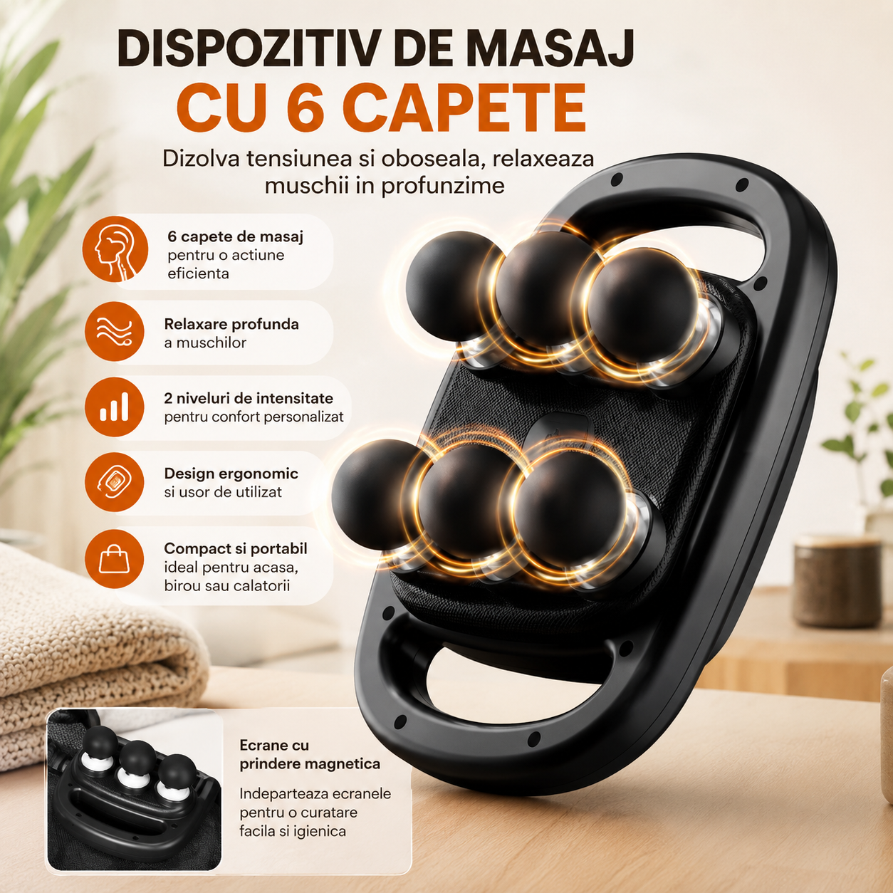 Aparat de Masaj Profesional cu 6 Capete, Display Digital, Lumină LED Roșie, Portabil, Relaxare Musculară Profundă