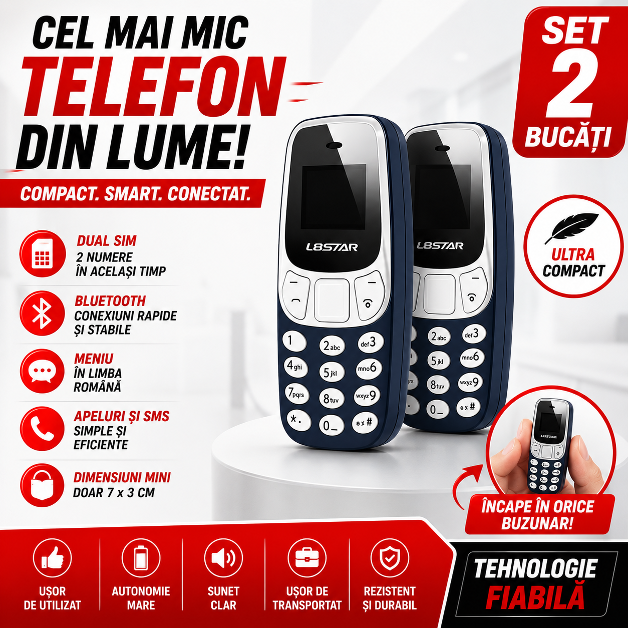Set 2 x Mini Telefon Pocket Plus, Dual SIM, Bluetooth, Ultra Compact, Telefon de Buzunar cu Tastatura Fizica