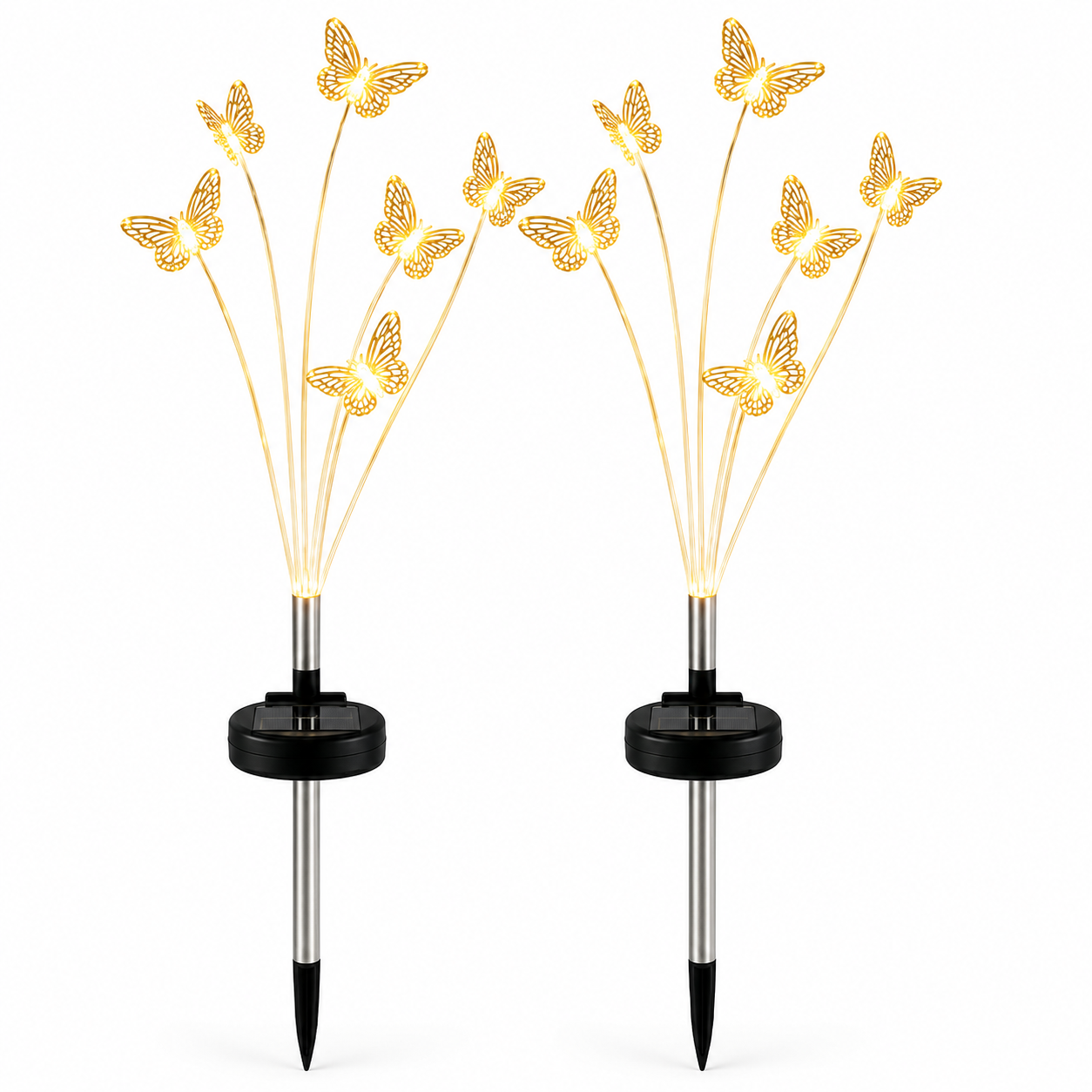 Set 2 Lămpi Solare LED Decorative Fluture 70 cm, 6 Fire Flexibile, Aprindere Automată, IP66, Iluminare Alb Cald pentru Grădină și Curte