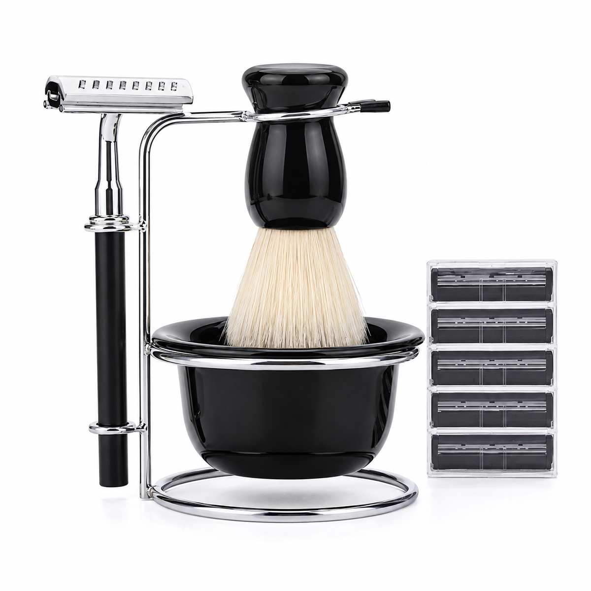 Set Bărbierit cu Perie, Suport Inox și Bol pentru Spumă – 4 Piese