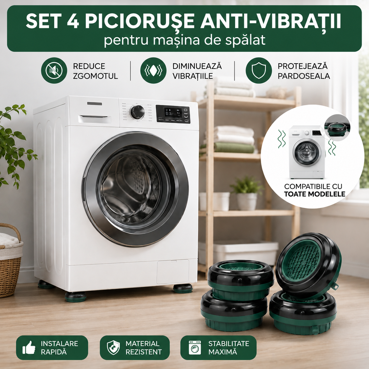 Set 4 Piciorușe Antivibrație pentru Mașina de Spălat, Universale, Suporturi Anti-Zgomot și Anti-Alunecare, Protecție Pardoseală