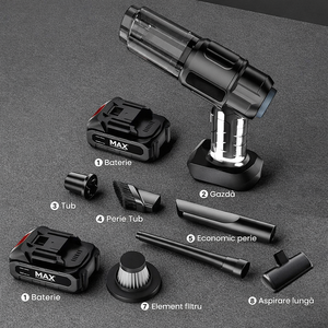 Aspirator Auto 6 in 1 Fara Fir, pentru Casa, Masina, Calculator, Birou, Putere 100W, Eficienta Mare, Functii de Aspirare, Suflare, Vidare, Filtru HEPA, Perie Detailing, Negru PromotiiZilnice