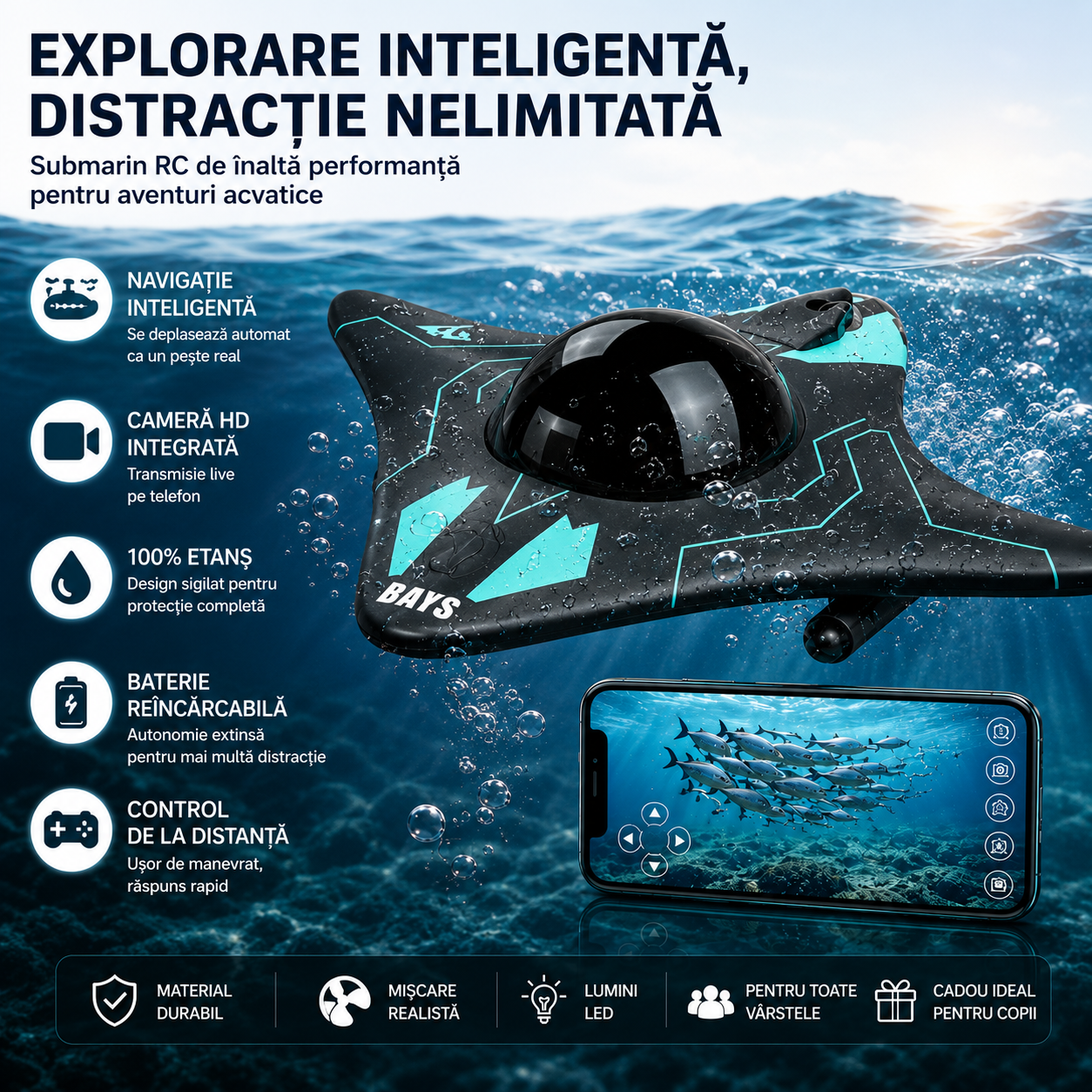 Barcă RC cu Cameră HD 1080P WiFi, Control prin Aplicație și Telecomandă, Impermeabilă, pentru Lac și Piscină