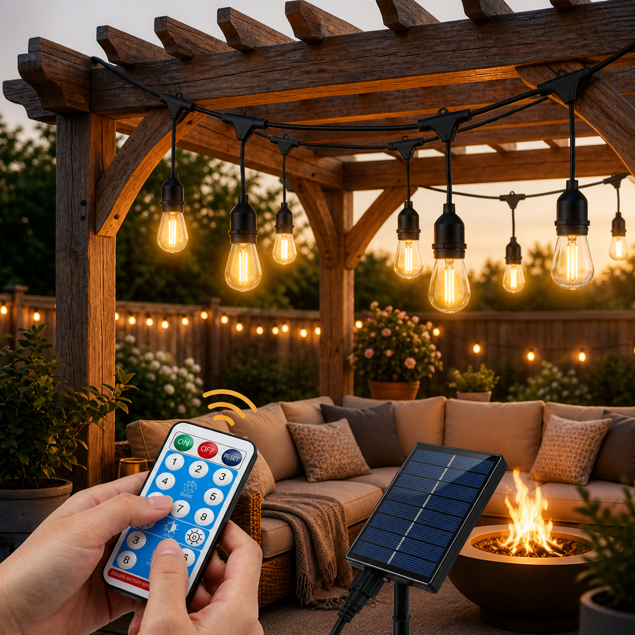 Ghirlanda solara exterior 25 metri cu 25 becuri LED E27, telecomanda, IP65 rezistenta la apa – instalatie luminoasa pentru gradina, terasa, balcon si evenimente