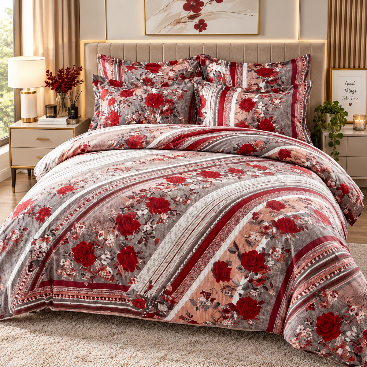 Lenjerie de Pat din Finet, 4 Piese, Model Floral cu Trandafiri, Roșu-Gri