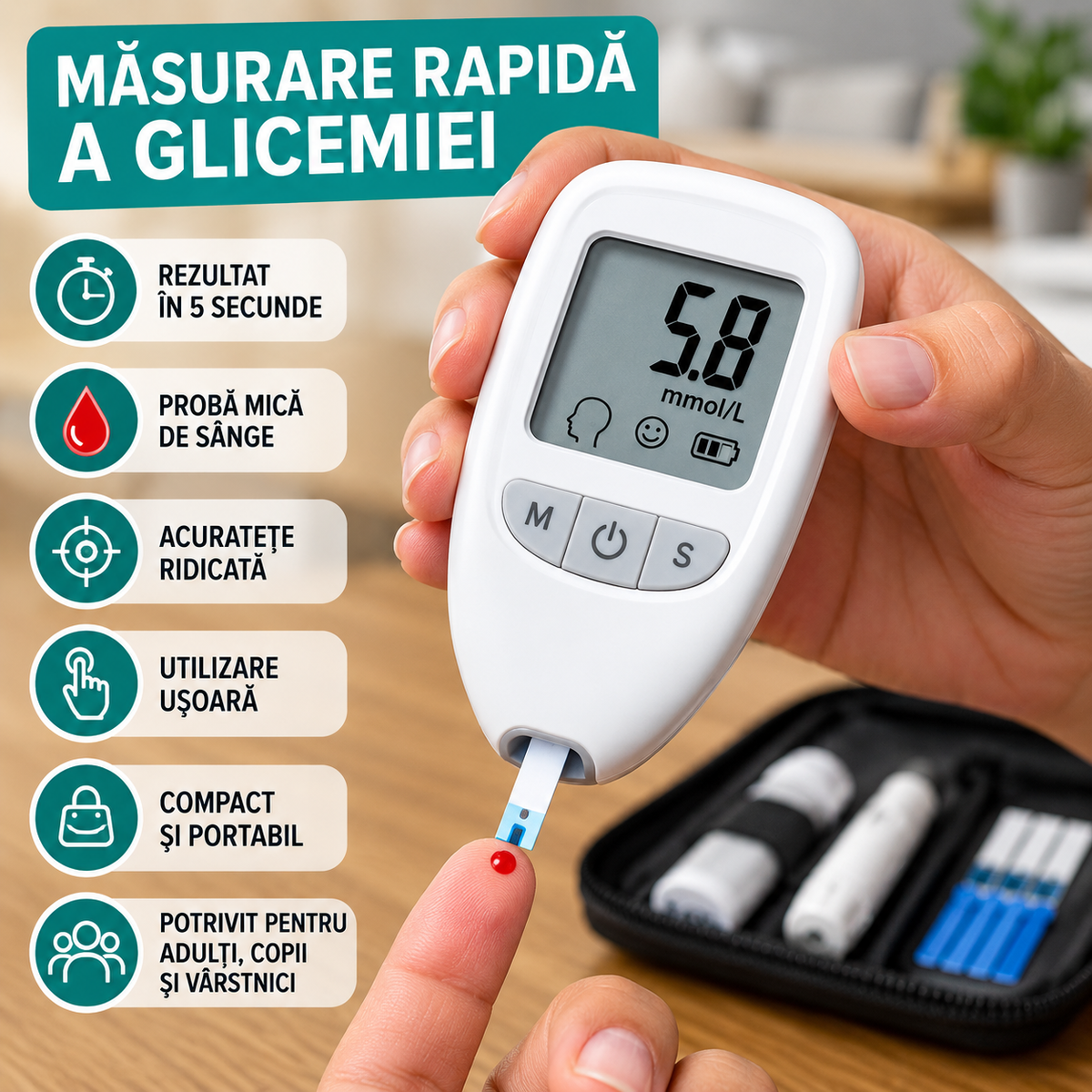 Glucometru Digital pentru Măsurarea Glicemiei, Afișaj LCD, Memorie Rezultate, Compact și Ușor de Utilizat