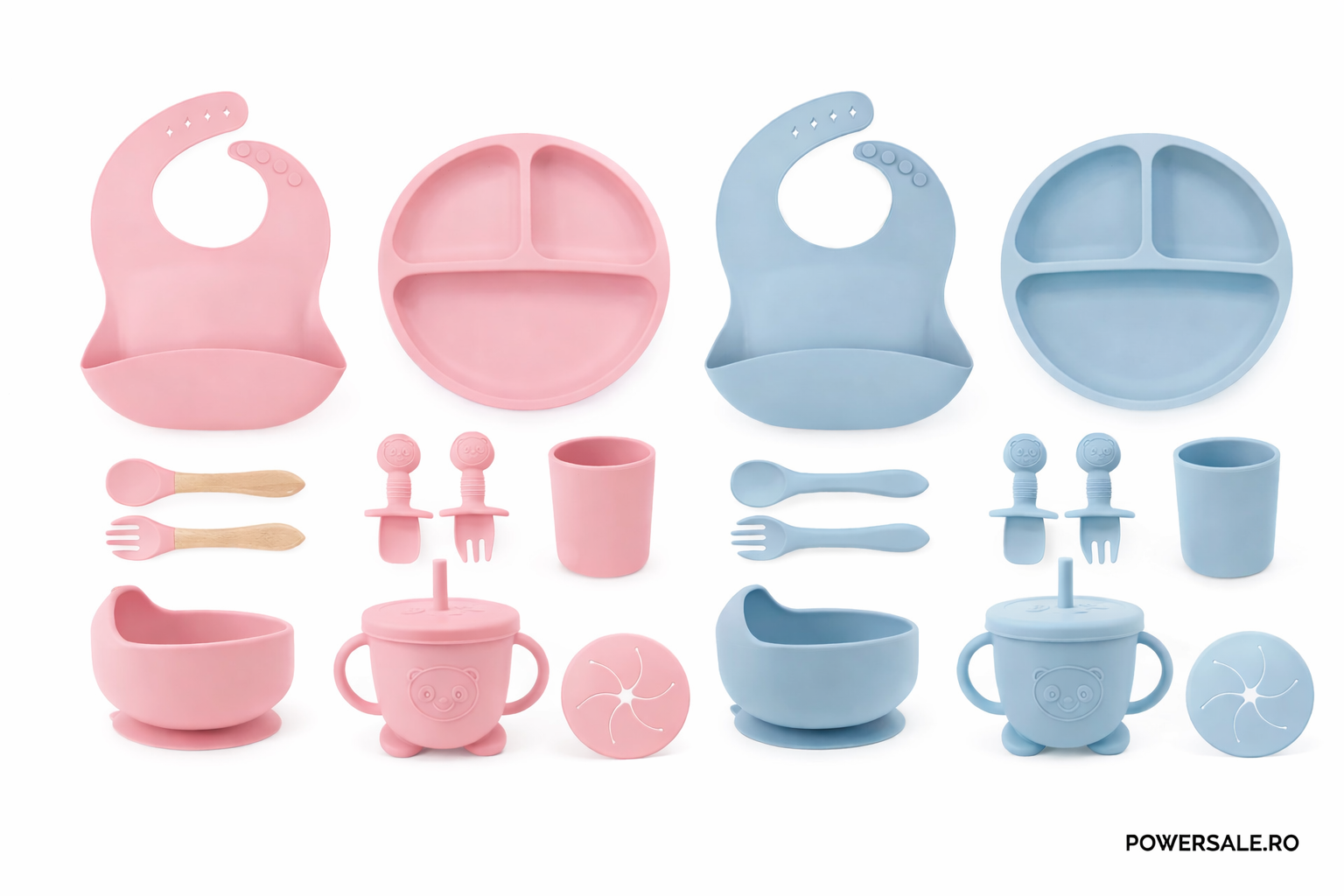 Set 10 piese hranire bebelusi din silicon alimentar – Set diversificare complet cu baveta reglabila