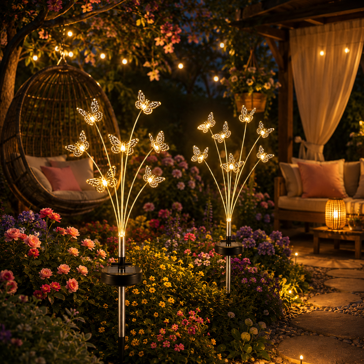 Set 2 Lămpi Solare LED Decorative Fluture 70 cm, 6 Fire Flexibile, Aprindere Automată, IP66, Iluminare Alb Cald pentru Grădină și Curte