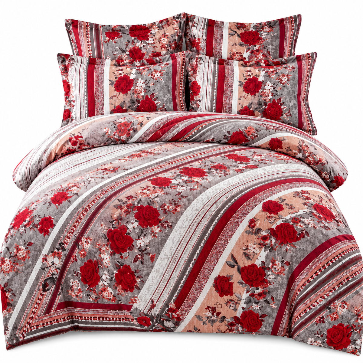 Lenjerie de Pat din Finet, 4 Piese, Model Floral cu Trandafiri, Roșu-Gri