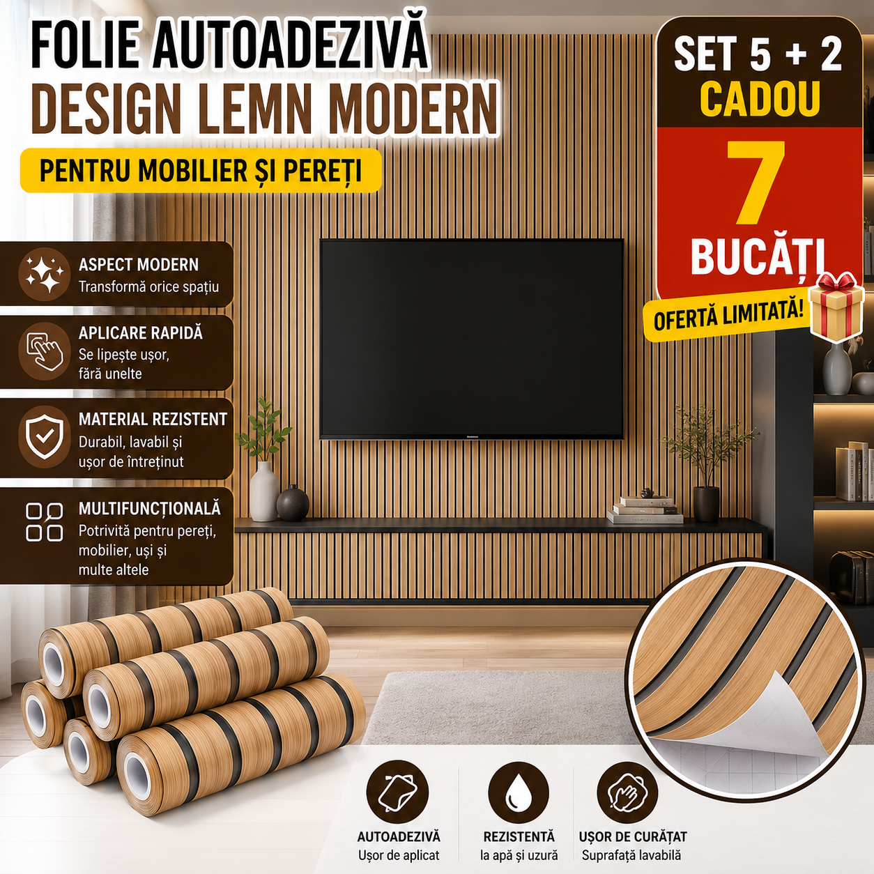 Set 7 Bucăți Folie Autocolantă pentru Mobilier și Pereți Aspect Lemn Modern | 5 + 2 Cadou