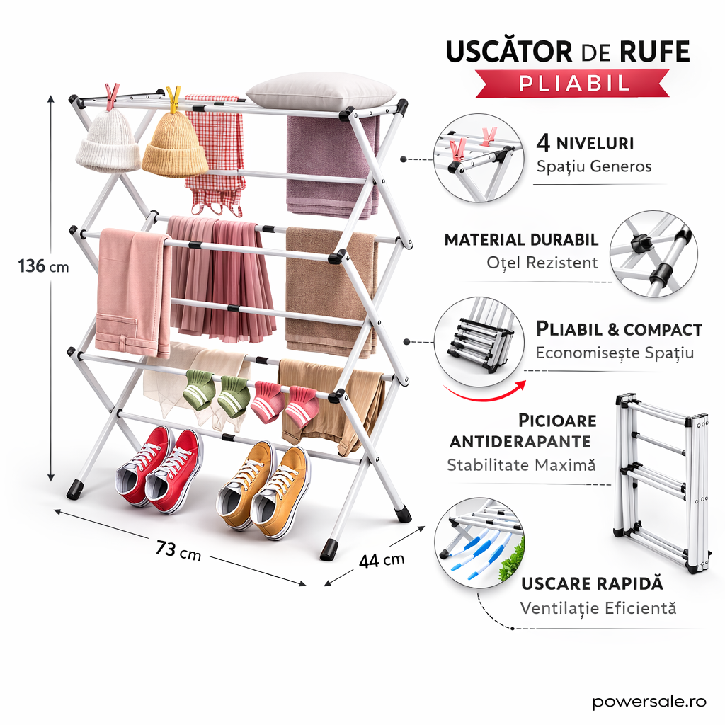 Uscător de rufe vertical pliabil 40-75x37x105 cm – Suport uscare haine compact, extensibil și stabil pentru interior