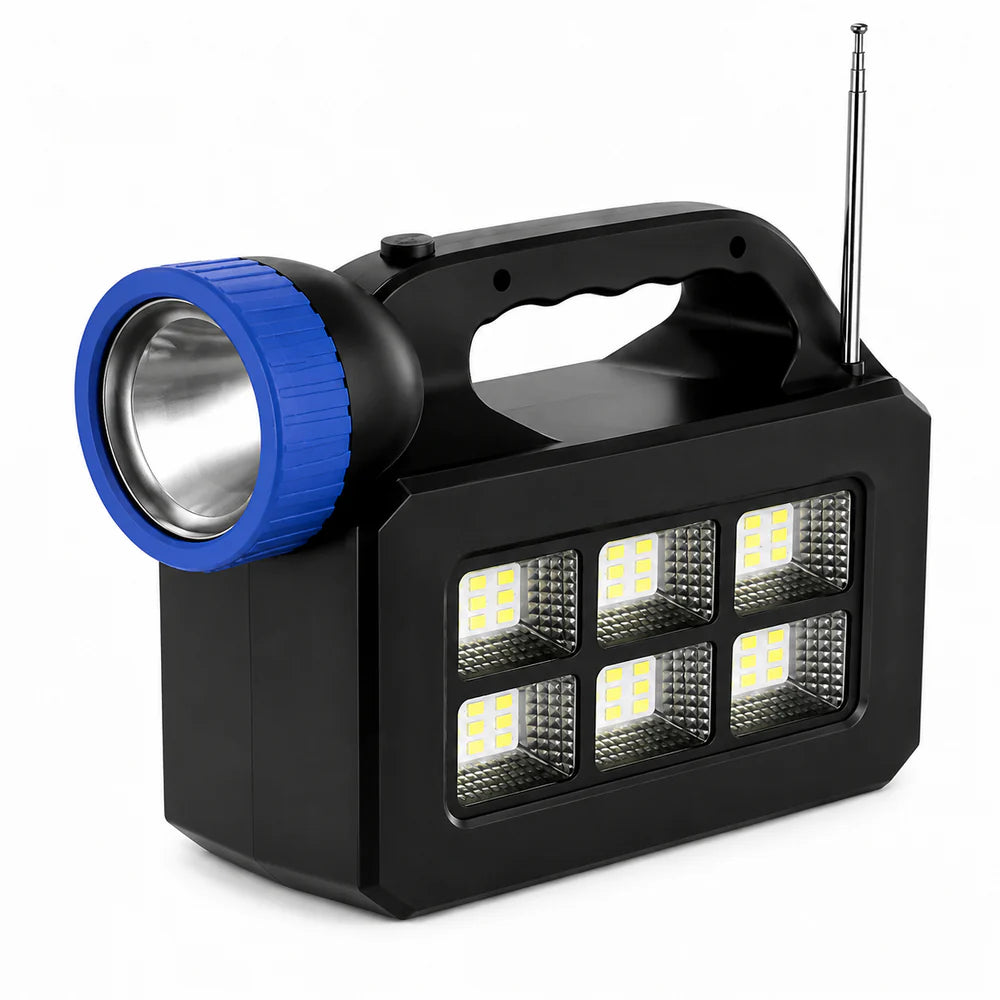 Kit Solar Portabil JORTAN T08 cu 3 Becuri LED, Panou Solar, Radio FM, Bluetooth si Powerbank 25000mAh – Sistem Iluminare Camping si Urgente